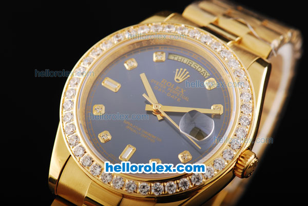 Rolex Day Date II Automatic Movement Full Gold with Diamond Bezel-Blue Dial and Diamond Markers - Click Image to Close